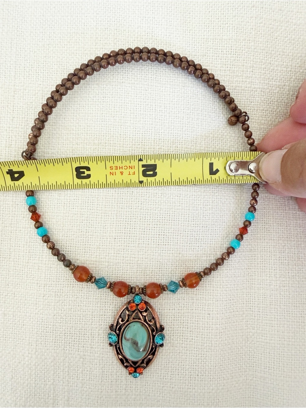 Vintage 90s Western Bohemian Choker Antique Bronze Turquoise & Amber Bead - Picture 9 of 9